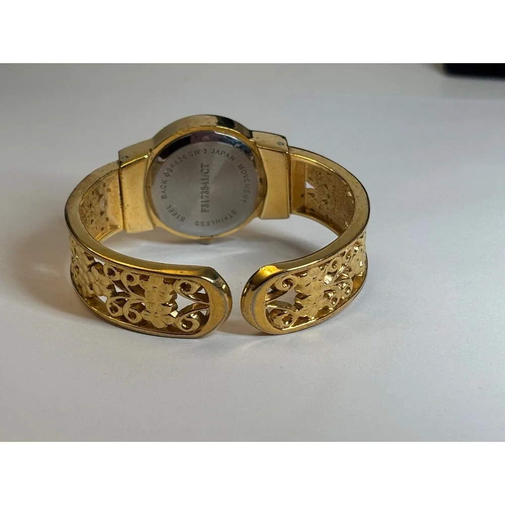 Vintage 90s Cuff Watch Bangle Filigree Floral Mother of Pearl Dial Gold Tone